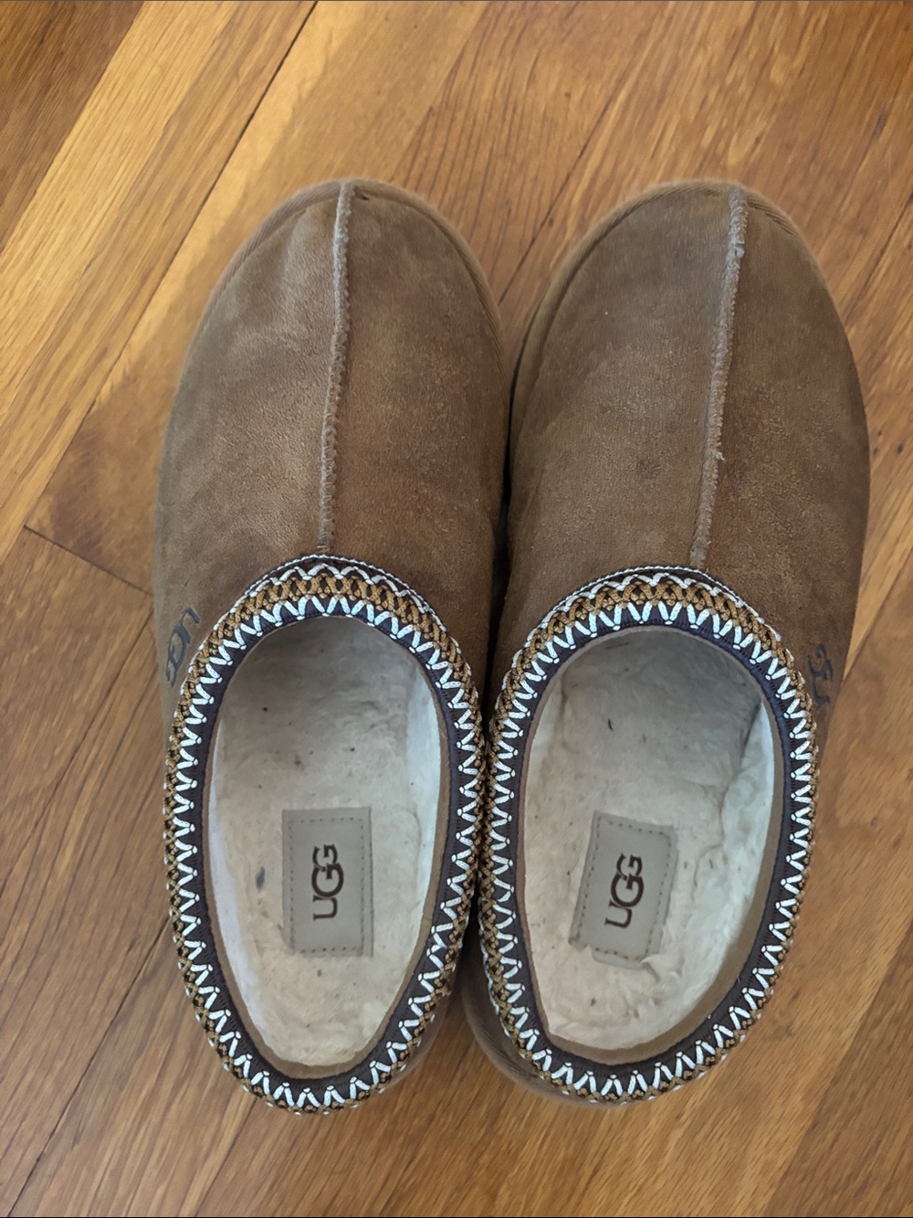 UGG Chestnut Suede Slip-On Slippers with Shearling Trim size 7